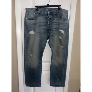 Levi's 501 Straight Leg Button Fly Stretch Jeans 40x30 Distress Medium Wash $89